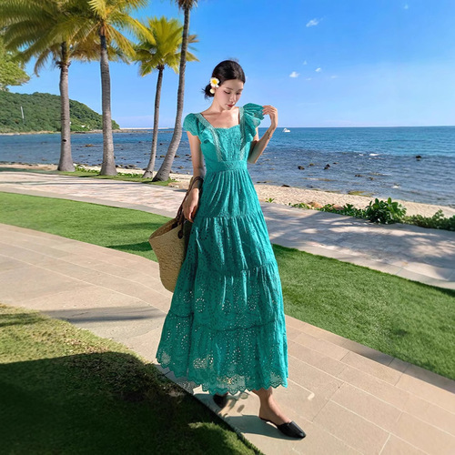 New Arrival Flared Sleeve Single-Breasted Embroidered Hollowed-Out Patchwork Maxi Dress