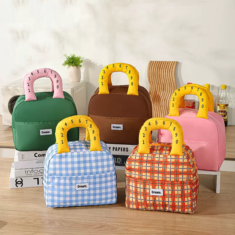 撞色格纹带饭包上班通勤保温便当包冰包手提大容量学生便携午餐包