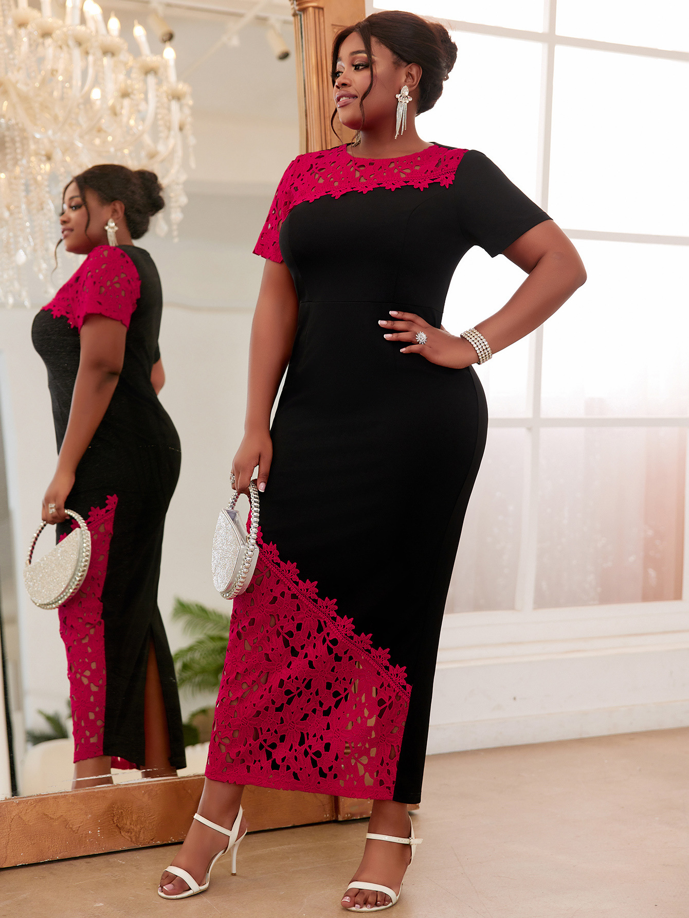 Women's Elegant Lace Stitching Asymmetric Dress Plus Size Floral_voghion.com