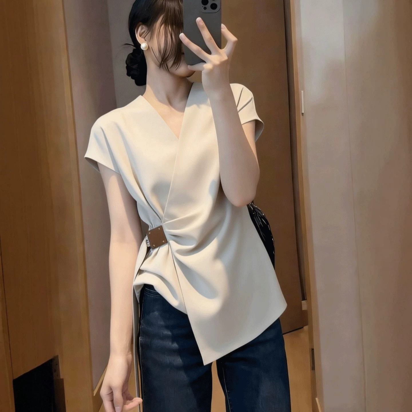 Áo thun ngắn tay cổ chữ V phong cách Pháp, thiết kế thắt eo tôn dáng — màu mơ chi tiết 2