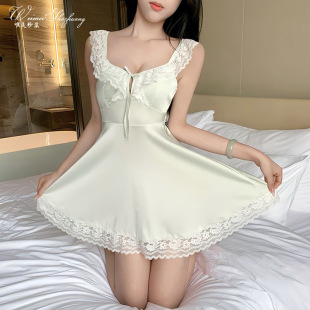 Beautiful Gauze Sexy Pajamas for Women French Lace Sexy Nightgown Satin High-End Backless Home Suspender Skirt