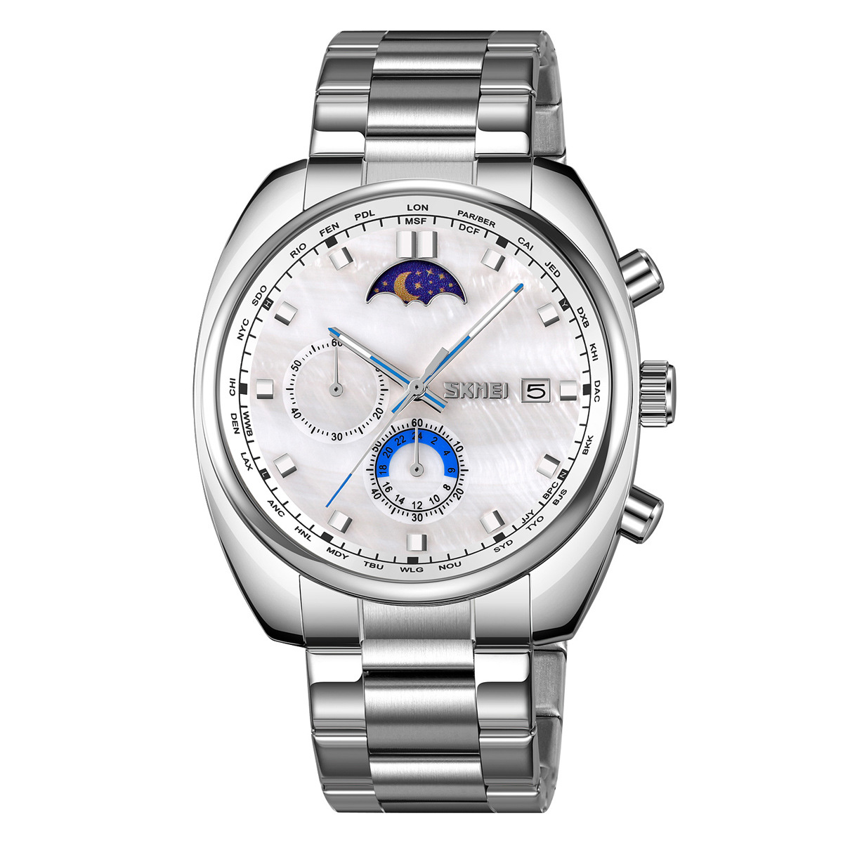 Momento transfronterizo multifuncional reloj de hombre nocturna impermeable reloj de cuarzo fase lunar fuente de fábrica mayorista