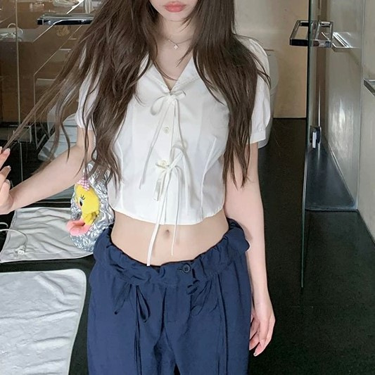 Sasaouni Heart Series Preppy Style Bow Short-Sleeved White Shirt Women's Summer Design Top