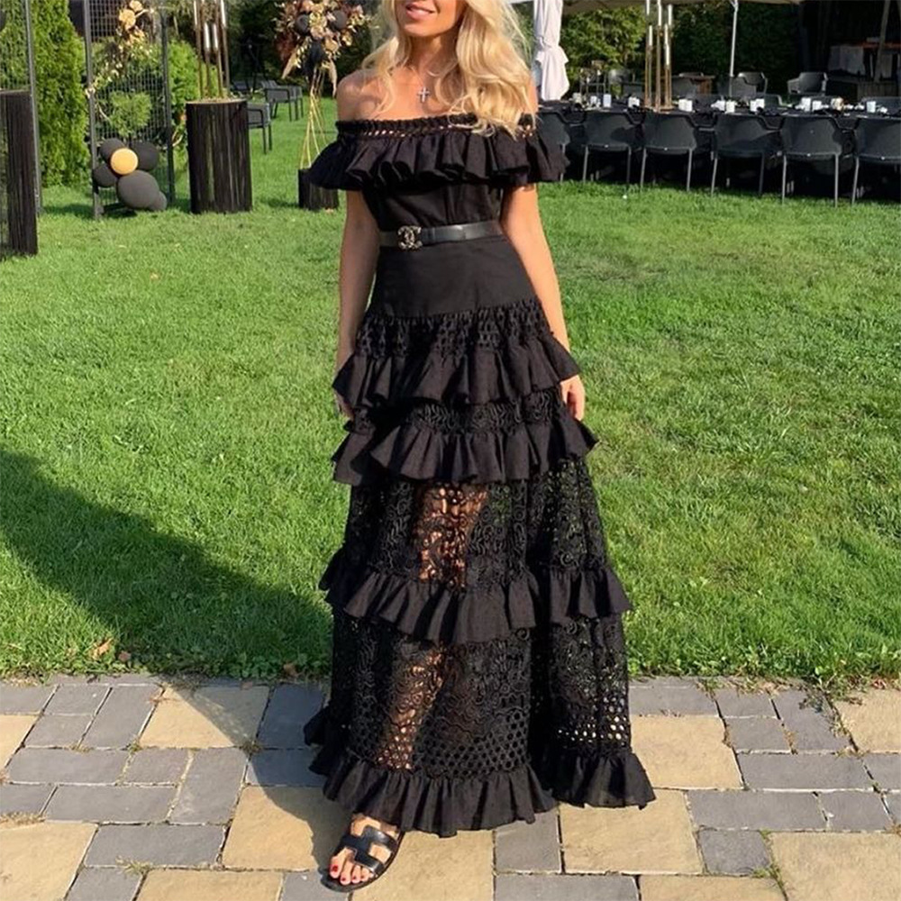 Vestido de encaje con volantes, hombros descubiertos, abertura y bajo amplio, estilo europeo y americano, nueva colección primavera/verano 2025 para mujer.