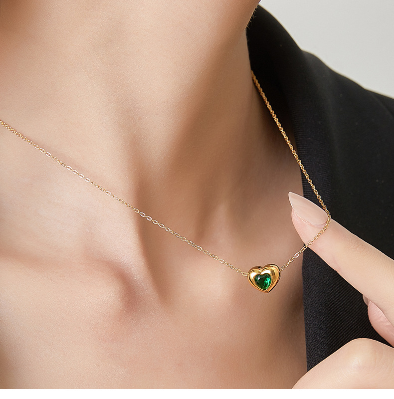 Japanese Style Heart Shape Titanium Steel Gold Plated Zircon Necklace 1 Piece
