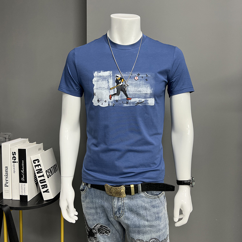 Summer New European Short-sleeved T-shirt Men's Flocking Baseball Printed Trendy Round Neck Half-sleeved Base Shirt Top Slim-fit