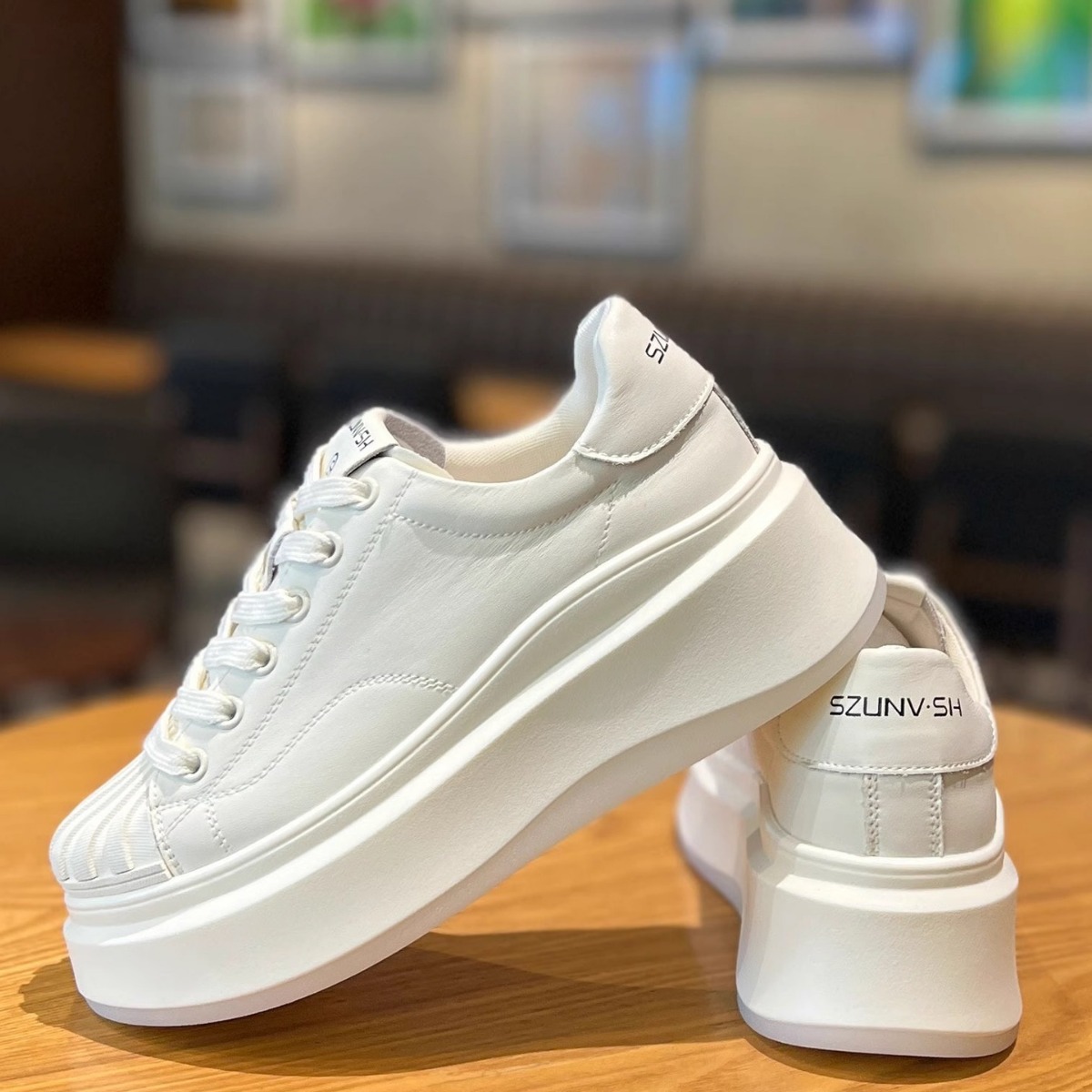 Women's Casual Leather Sneakers With Thick Sole And Shell Toe_voghion.com