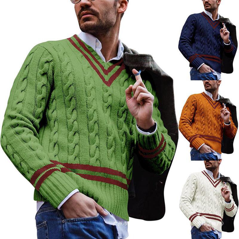 2024 European and American V-neck sweater men's striped color matching knitted sweater autumn and winter fashion cross-border Amazon ins men's clothing