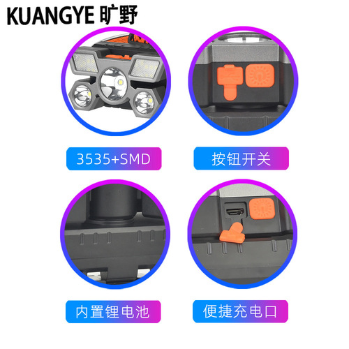 跨境多功能头灯USB充电五眼飞机灯头戴式小电筒户外矿灯头灯