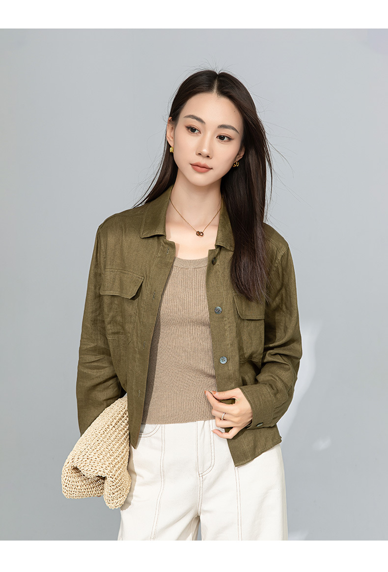Áo sơ mi nữ vải lanh mỏng cổ polo tay dài rộng rãi phong cách xuân hè — Xanh ô liu chi tiết 24