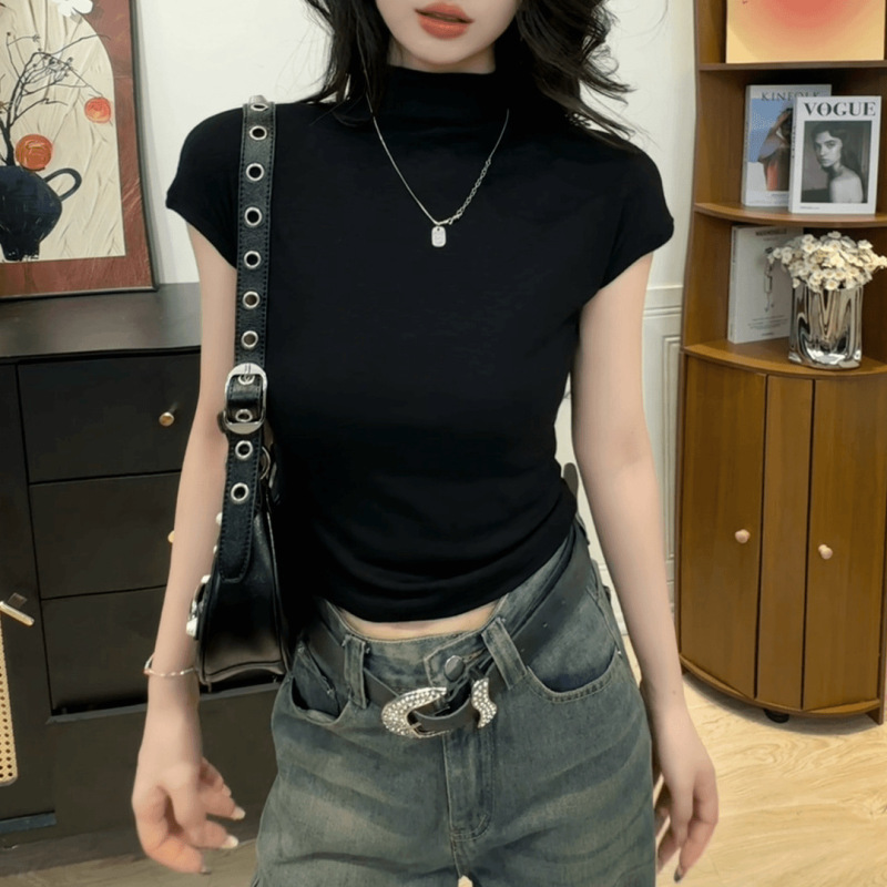2025半高领短袖T恤女时尚纯色韩版显瘦早秋打底衫内搭女上衣夏|undefined