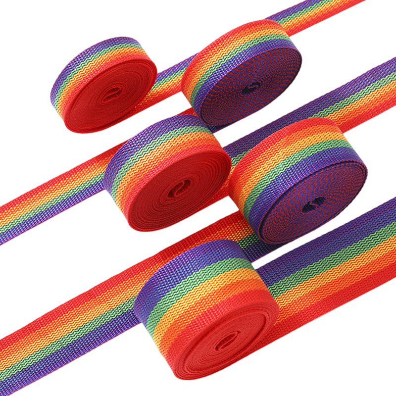Correa de equipaje de seis colores en stock, suministro directo, tejido plano, tejido perlado, correa de asa, tejido arcoíris, textiles para el hogar