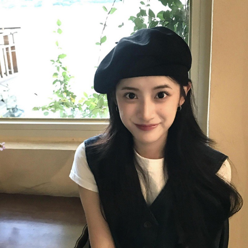 大头围黑色贝雷帽女秋冬季日系复古毛呢蓓蕾帽百搭显脸小画家帽子|undefined