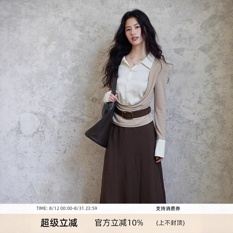 贰羊设计【苏予】假两件衬衫拼接针织衫女新款设计感缎面衬衣|undefined