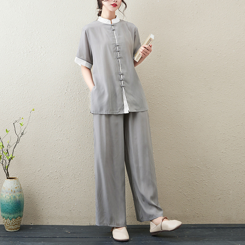 Summer New Retro Artistic Tai Chi Practice Clothing Zen-Style Layman's Clothing Short-Sleeved Top Two-Piece Set for Women Summer New Retro Artistic Tai Chi Practice Clothing Zen-Style Layman's Clothing Short-Sleeved Top Two-Piece Set for Women