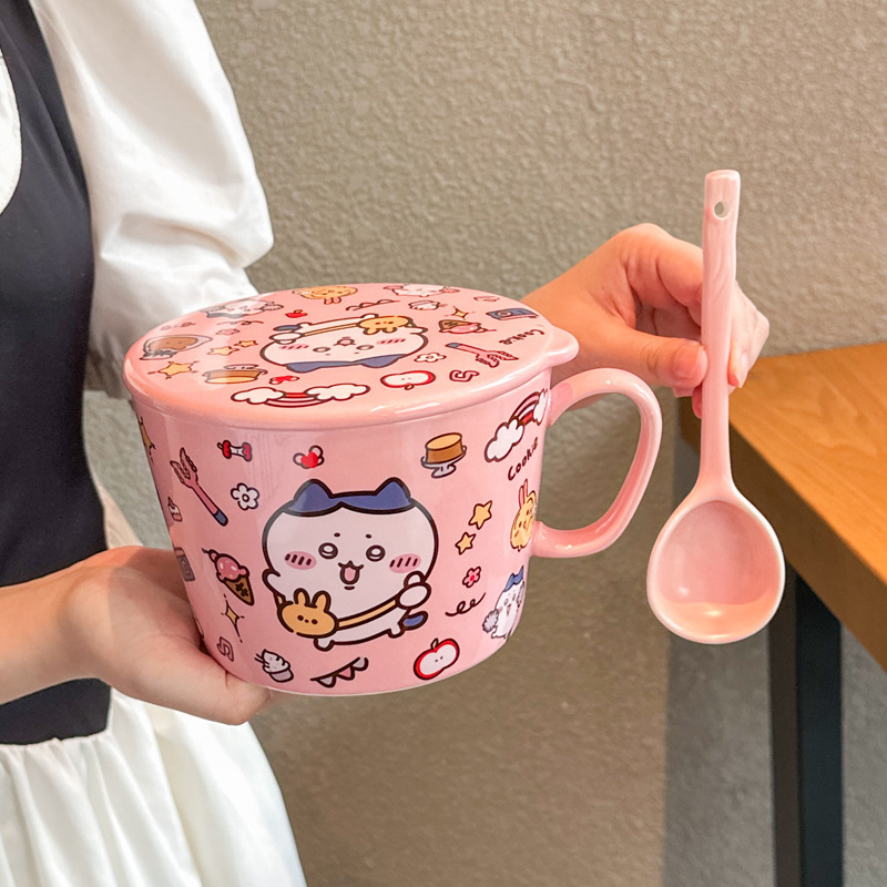 かわいいウサキ小八陶磁器泡麺カップ蓋付き学生寮用食器大容量ナット粉ボウルスープボウル|undefined