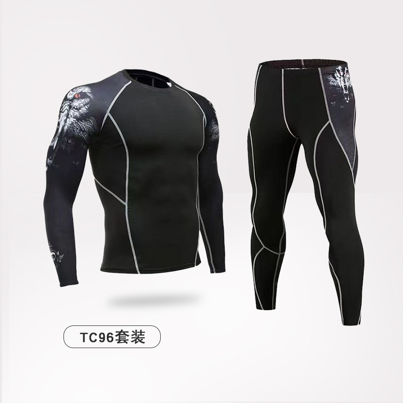 Logotipo personalizado fitness traje de ropa deportiva primavera y otoño para hombres transpirable cuello redondo elástico alto estampado manga larga ropa ajustada de secado rápido