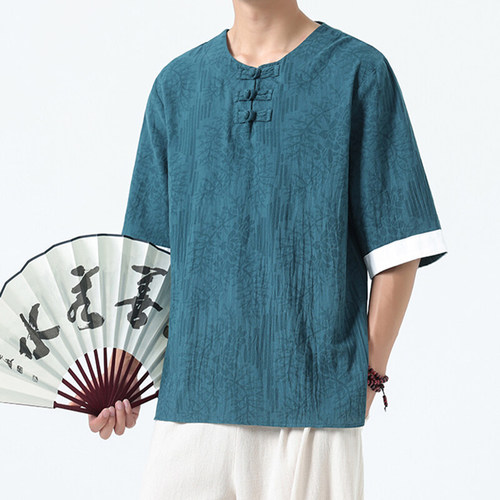 Summer Chinese-style patterned shirt for men, large size Tang suit Hanfu, five-pointed sleeve collared shirt, half-sleeve printed round collar shirt