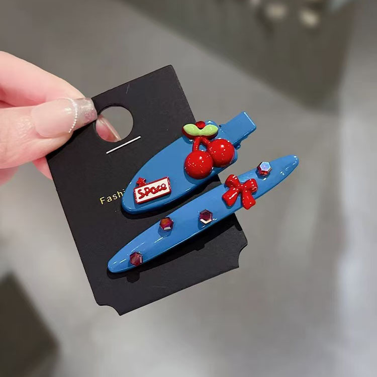 Korean Hair Accessories Lake Blue Hairpin High-End Red Bow Cherry Hairpin Ins Style Sweet Side Clip