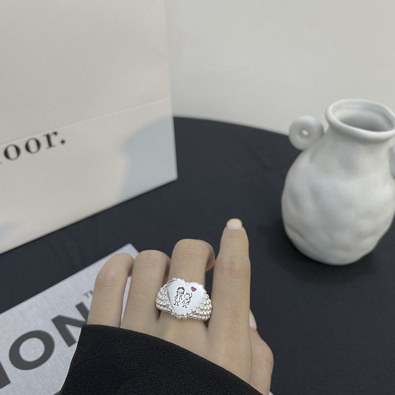Fashion 925 sterling silver sketch parent-child heart-shaped ring pineapple particle edge open ring