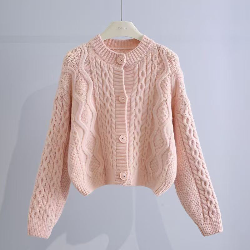 Korean-style autumn new arrival, casual and soft cable-knit cardigan with a versatile design, short round-neck sweater jacket