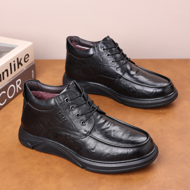 Primera capa de piel de vaca de invierno zapatos de algodón de los hombres de lana de cuero genuino forrado de lana cálido padre de mediana edad zapatos de los hombres casuales al por mayor