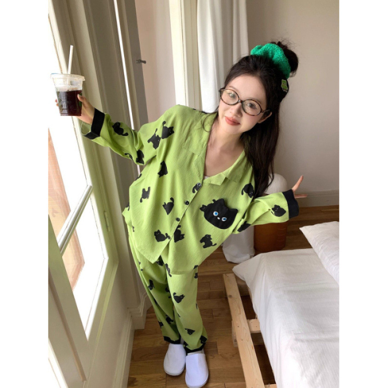 撞色小猫咪睡衣女春秋季云朵棉长袖长袖开衫家居服套装小红书批发|undefined
