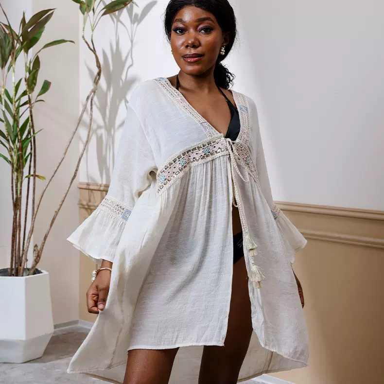 欧美外贸沙滩防晒衣夏大码性感金边泳衣开衫夏季防晒衣亚马逊