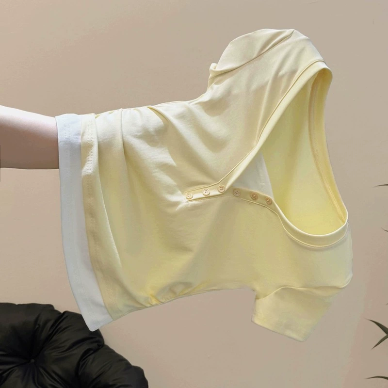 Настоящая вязаная рубашка с ребристым узором, имитация двух частей, нишевая футболка с короткими рукавами для женщин, летняя тонкая короткая футболка в корейском стиле с v-образным вырезом