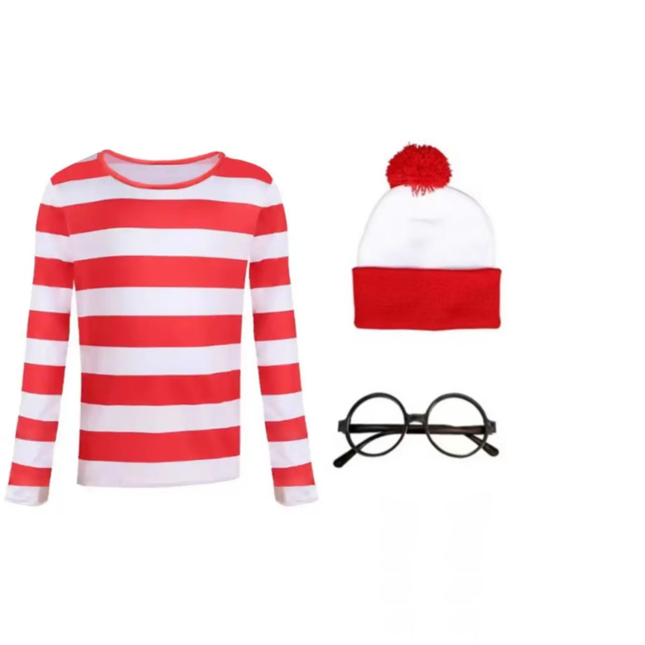 Red and white striped Wally cosplay outfit with knitted hat and round glasses, costume for themed parties