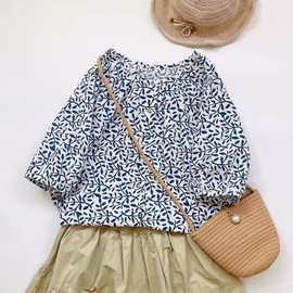 法式文艺碎花衬衫  百搭纯棉青花瓷印花半袖衬衣女装