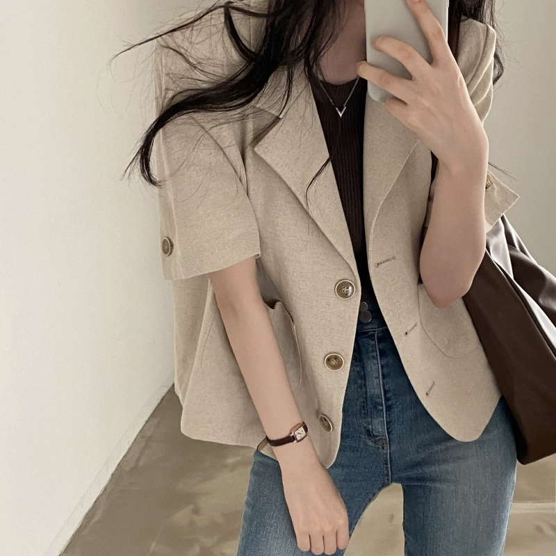 Тонкий женский пиджак с короткими рукавами в корейском шикарном стиле, новый летний миниатюрный пиджак, верхняя одежда в солевом стиле.