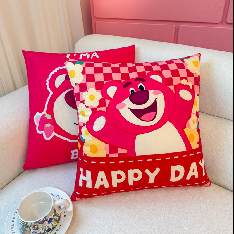 Funda de almohada de oso de fresa de dibujos animados, almohada de viento ins, almohada linda, dormitorio de estudiantes, almohada de sofá, cojín, funda de almohada