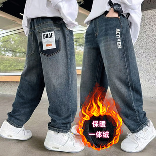 Boys' Fleece-Lined Pants, Autumn and Winter New Style, Medium and Large Children's Winter Boys' Long Pants, Children's Jeans, Trendy, One-Piece Wholesale