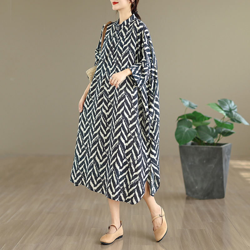 Autumn New Large-Size Foreign Trade Elegant Vintage Cotton-Linen Printed Stand-Collar Loose Long Vacation Dress