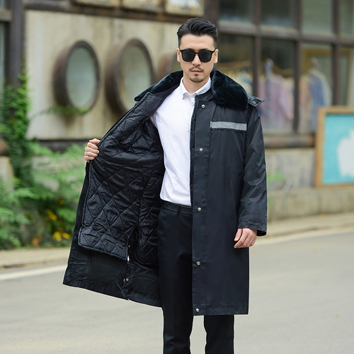 Winter mid-length security cotton clothing, extended length and thickening cold-proof clothing, black security multi-functional removable duty cotton coat