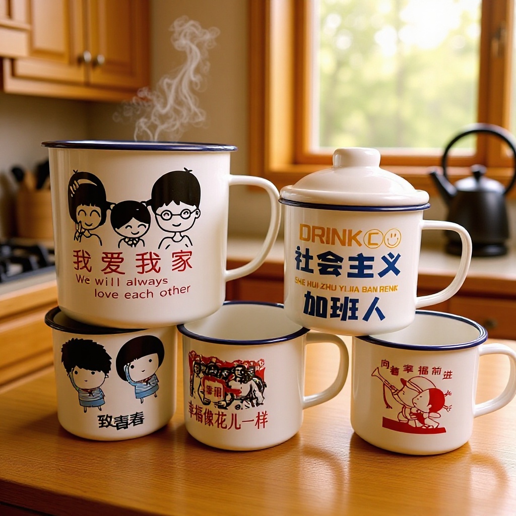 Customized Enamel Cup with Nostalgic Quotes, Customized Logo with Lid, Old-Fashioned Tea Jar, Nostalgic Mug Gift for Veteran Cadres