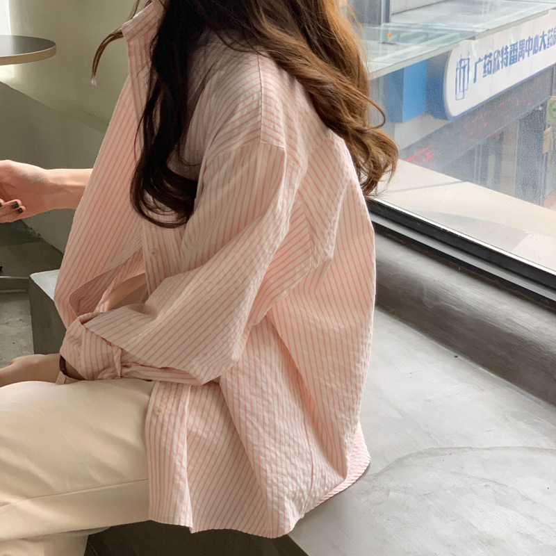 【纯棉色织条】衬衫女秋季新款上衣宽松港味长袖厚款衬衣|undefined