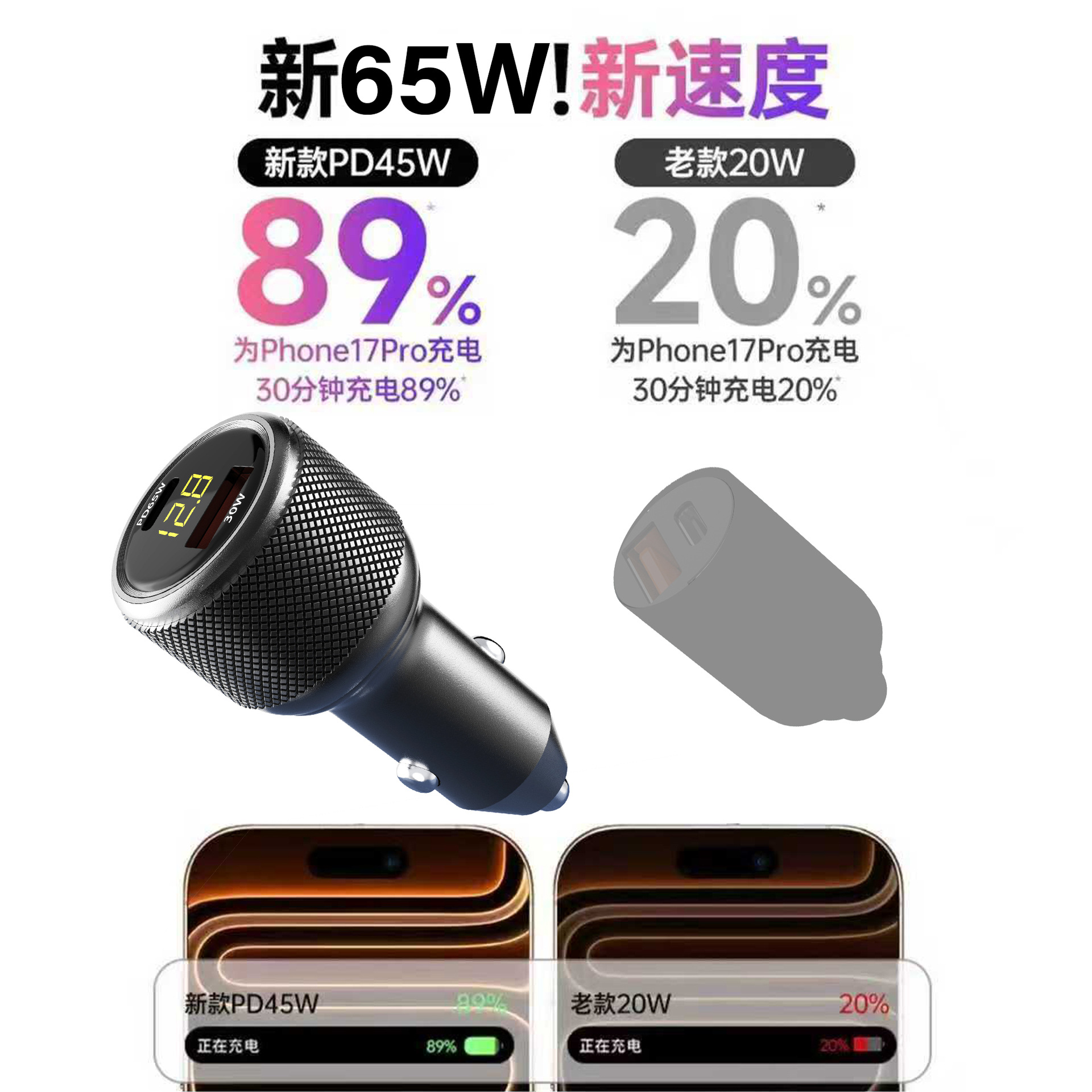 LeMing 65W Fast Charging Car Charger PD Car Charger Compatible with iPhone 17, Huawei Phones, MacBook Laptops