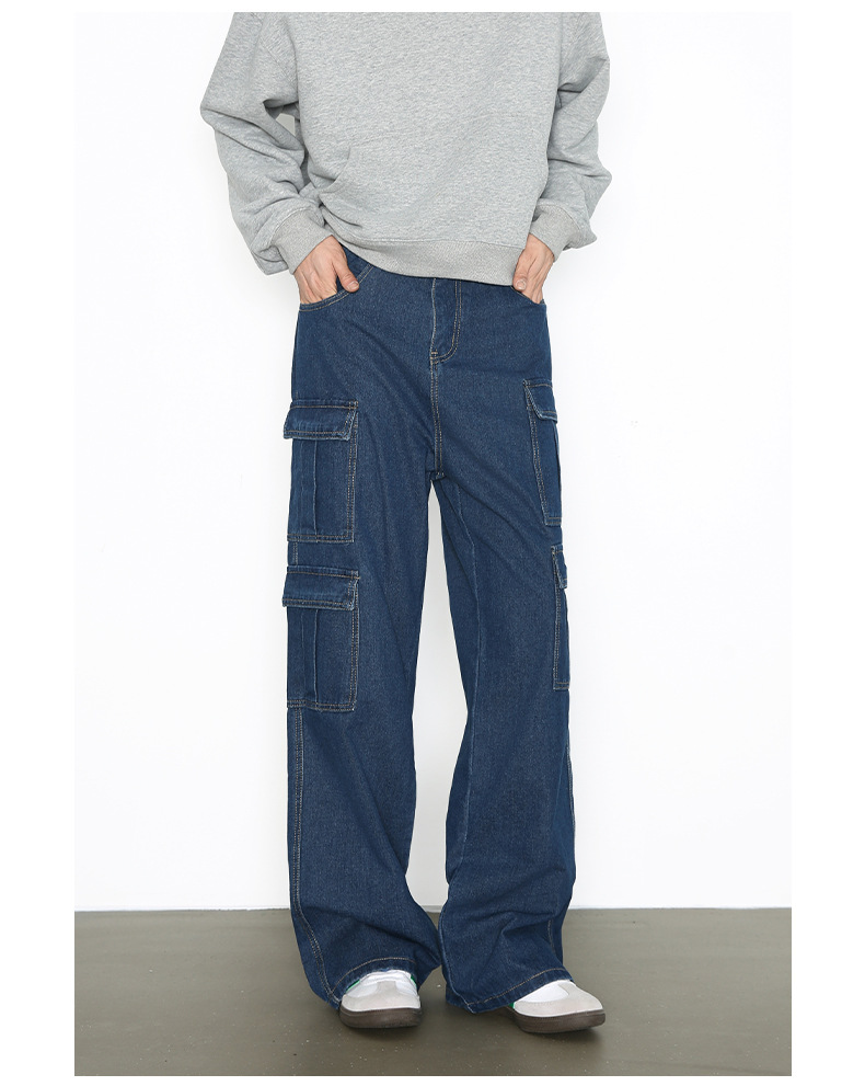 Vintage Washed Denim Cargo Pants - Relaxed Fit Multi-Pocket Workwear Jeans For Men_mkmklike.com