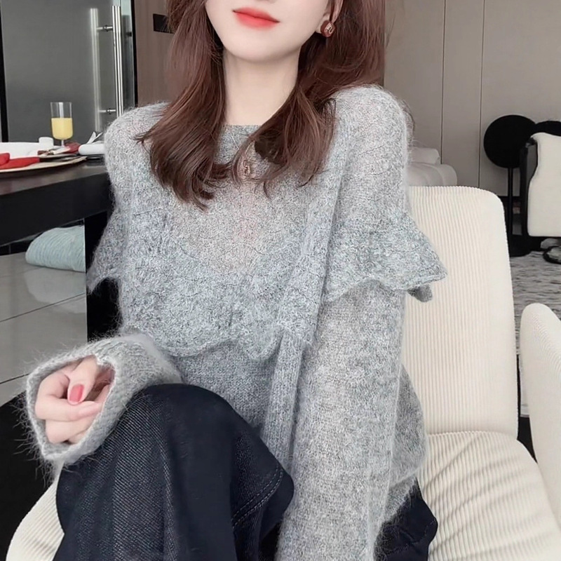 韩版2025早秋穿搭钩花镂空荷叶边灰色舒适软糯宽松百搭圆领上衣|undefined
