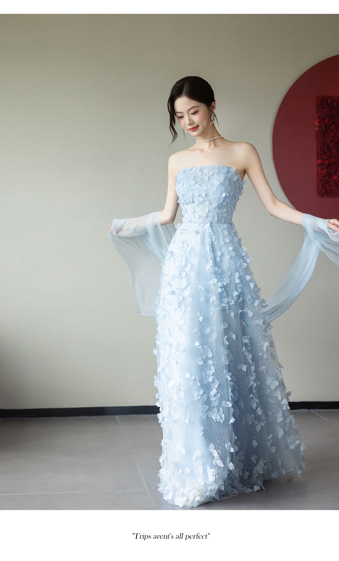 Đầm maxi nữ thắt eo dự tiệc cưới kiểu dáng thanh lịch — Xanh dương chi tiết 6