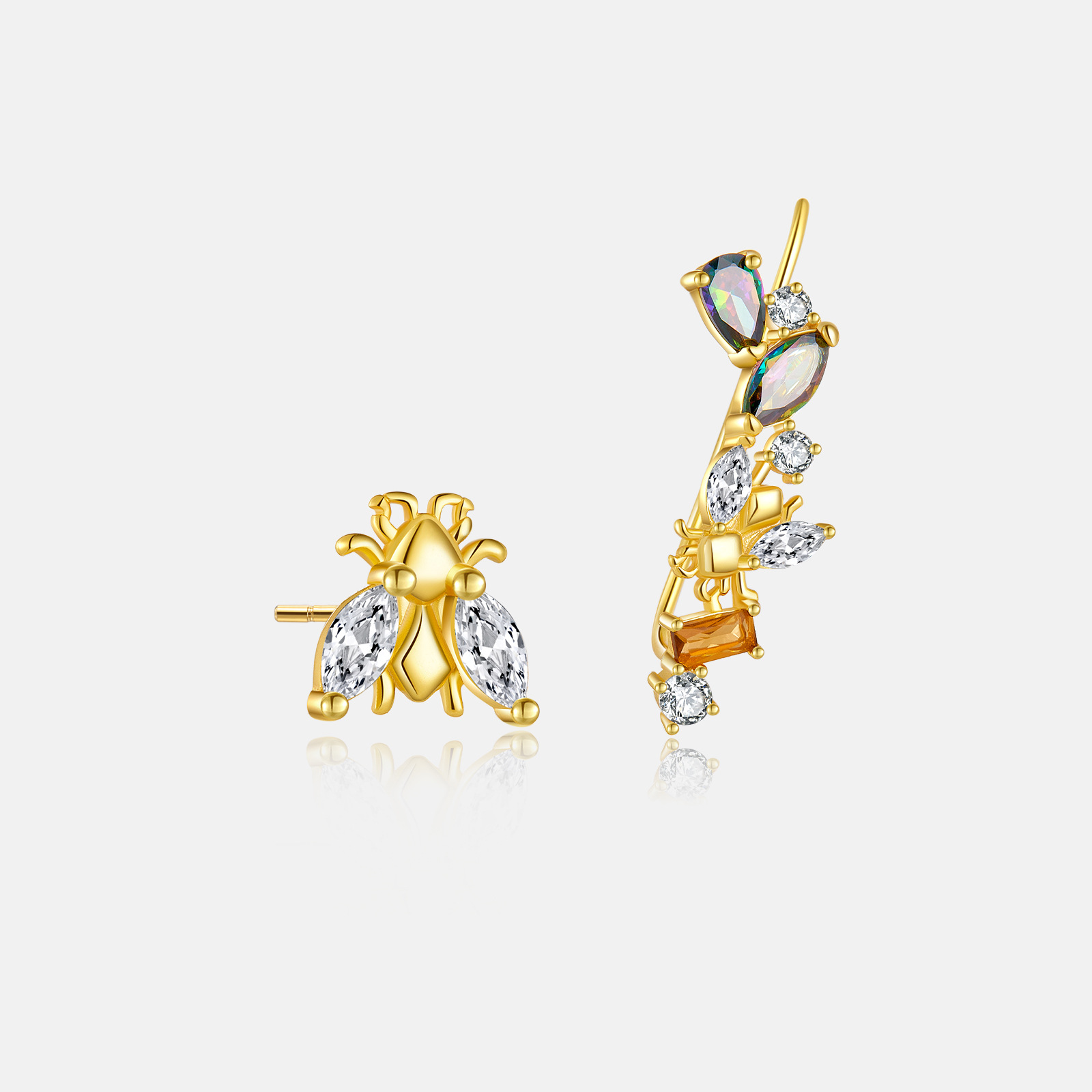 1 Pair Sweet Shiny Bee Asymmetrical Inlay Sterling Silver Zircon 18K Gold Plated Ear Studs display picture 3