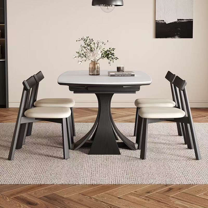 Mesa de comedor de tablero de roca retráctil redonda retro francesa, hogar blanco, apartamento pequeño, mesa de comedor de madera maciza delgada de lujo ligero italiano