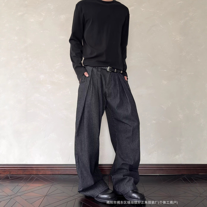 Retro Vibe Style Black Silhouette Scimitar Jeans Men's American Wide-Leg Slightly Flared Floor-Length Pants Straight for Teenagers