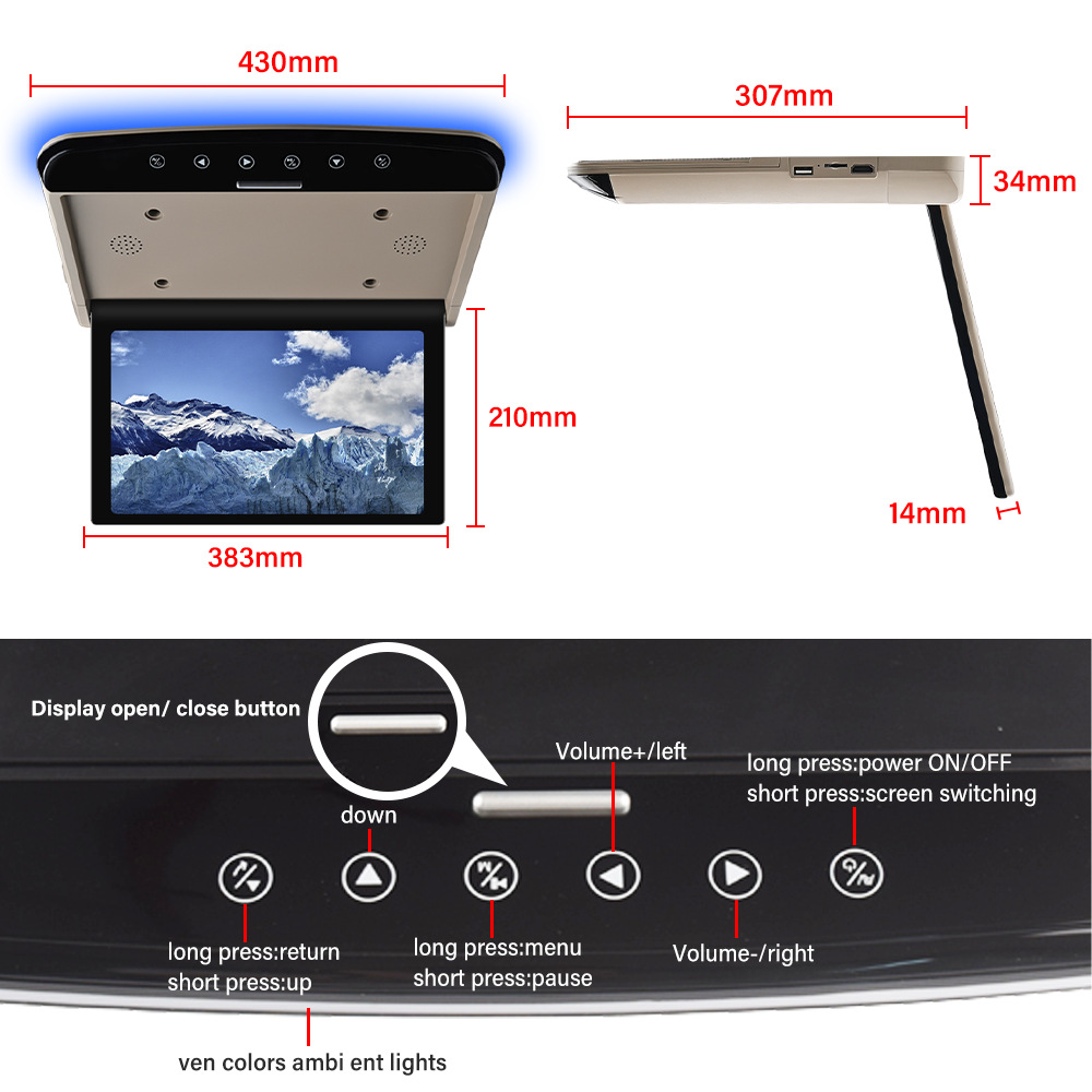 Cross-Border 15.6inch Inch Ceiling-Mounted Tv Ips Mp5 Player with USB and HDMI Input Car Display Monitor Hd