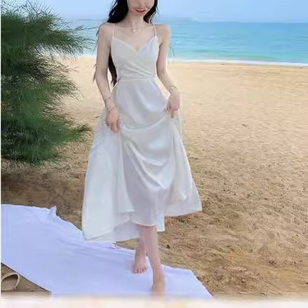 여성 화이트 원피스 달콤한 원피스 여자 여름 긴 원피스 요정 원피스 스트랩 백리스 비치 원피스 해변 유행