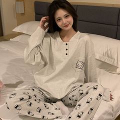跨境批发睡衣女秋季长袖长裤新款开领套头卡通可外穿家居服两件套