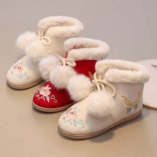 Girls' Hanfu Shoes Winter Ancient Coat Boots Children's Embroidered Shoes Antique Handmade Tang Suit Horse-faced Skirt Cotton Shoes Little Princess