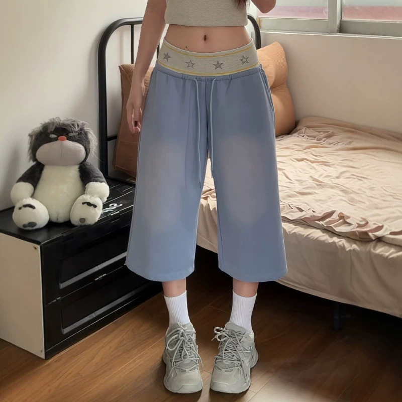 Cross-Border Trendy American-Style Star Ribbed Shorts, Vintage Distressed Gradient Frayed High-Waisted Loose Casual Shorts for Women